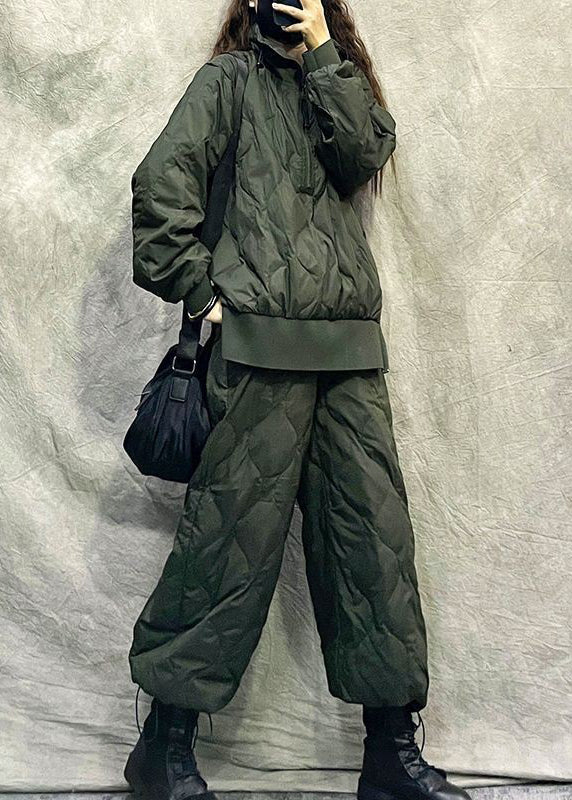 Stylish Army Green Fine Cotton Filled Two Piece Set Outfits Winter RU034 ABC