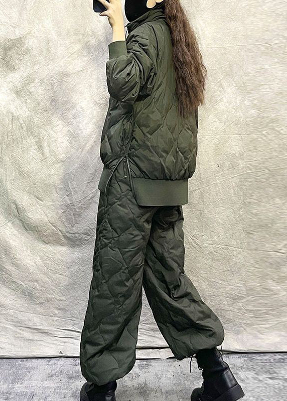 Stylish Army Green Fine Cotton Filled Two Piece Set Outfits Winter RU034 ABC