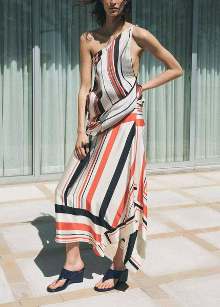 Set Two Design Summer Asymmetrical Silk Stylish Striped Pieces FashionChic