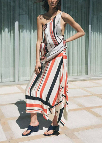Set Two Design Summer Asymmetrical Silk Stylish Striped Pieces FashionChic