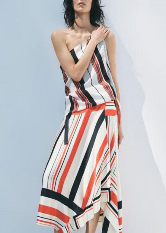 Set Two Design Summer Asymmetrical Silk Stylish Striped Pieces FashionChic