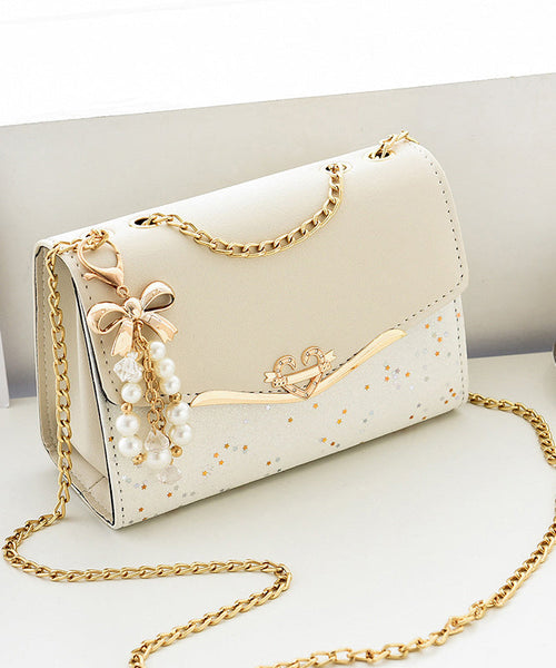 Stylish Bag Flap Faux Beige Leather Chain Linked FashionChic