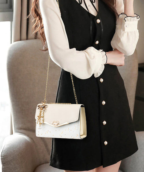 Stylish Bag Flap Faux Beige Leather Chain Linked FashionChic