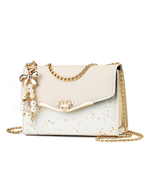 Stylish Bag Flap Faux Beige Leather Chain Linked FashionChic