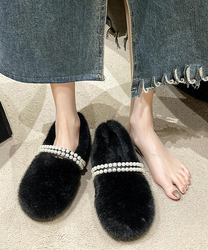 Stylish Beige Fuzzy fur Nail Bead Splicing Flat Feet Shoes TQ058 ABC