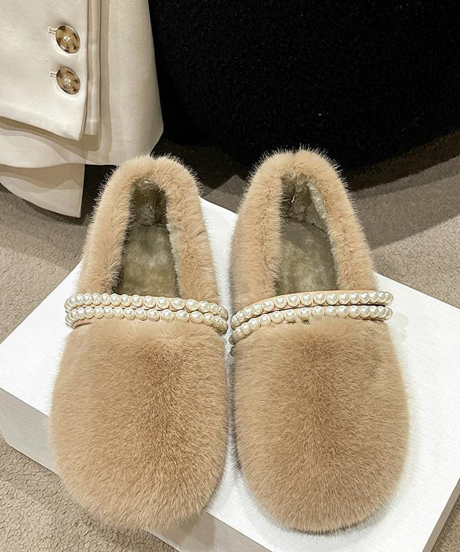 Stylish Beige Fuzzy fur Nail Bead Splicing Flat Feet Shoes TQ058 ABC