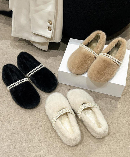 Stylish Beige Fuzzy fur Nail Bead Splicing Flat Feet Shoes TQ058 ABC