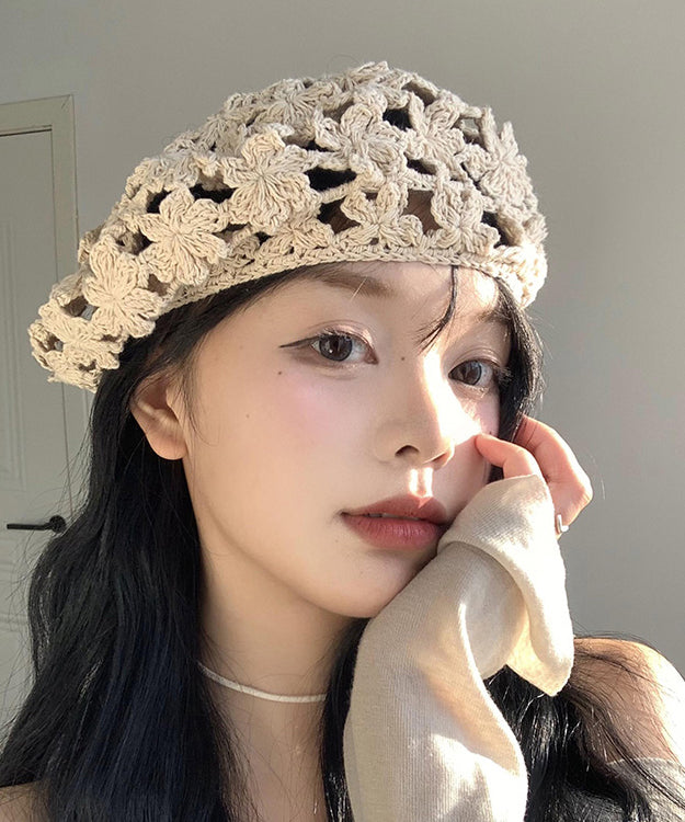 Stylish Beige Hollow Out  Floral Knit Beret Hat WB024 ABC