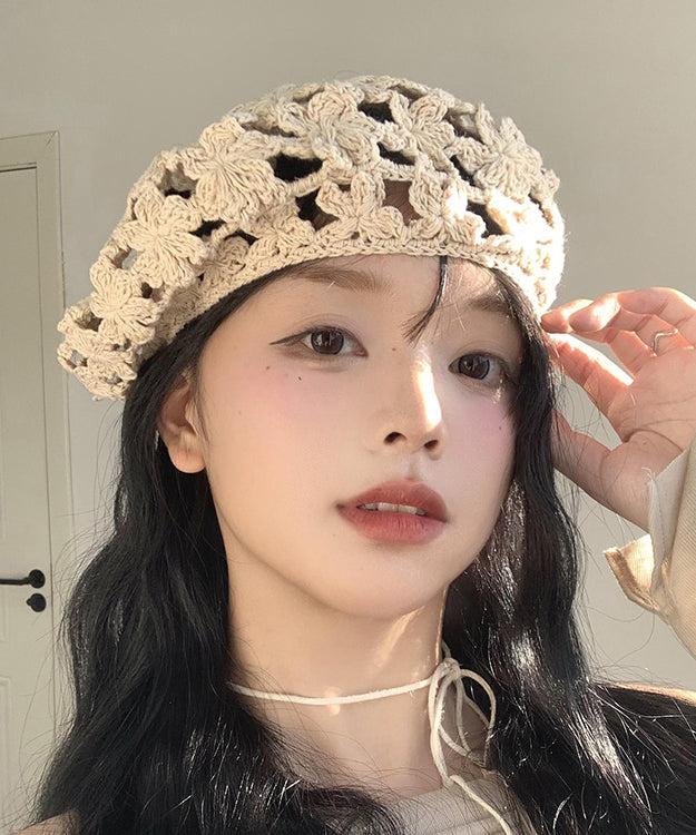 Stylish Beige Hollow Out  Floral Knit Beret Hat WB024 ABC