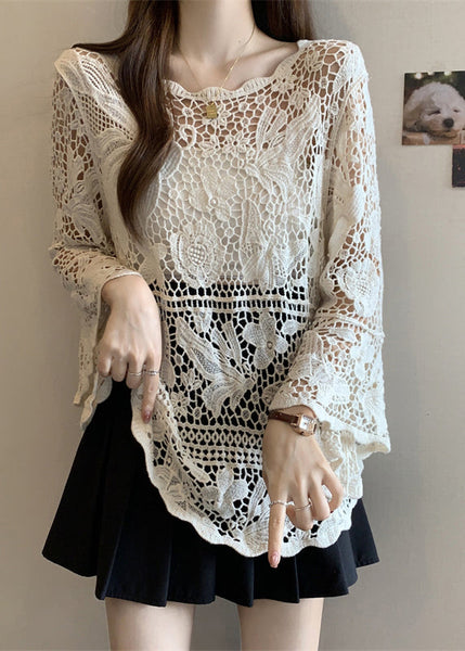 Tops Summer Out Lace Stylish Knit Beige Hollow FashionChic