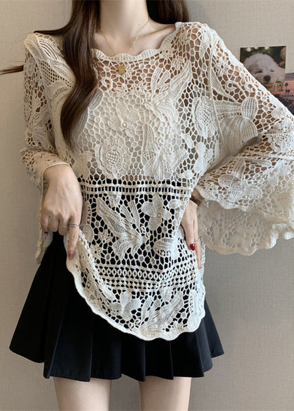 Tops Summer Out Lace Stylish Knit Beige Hollow FashionChic