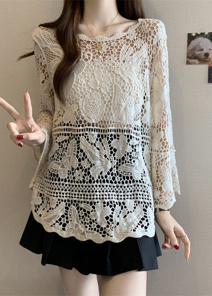 Tops Summer Out Lace Stylish Knit Beige Hollow FashionChic