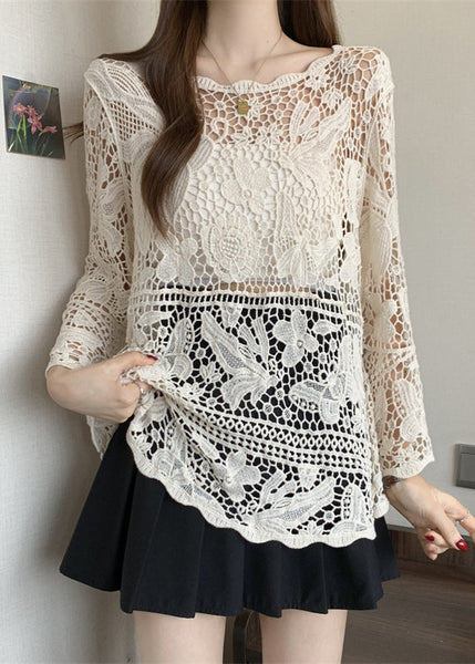 Tops Summer Out Lace Stylish Knit Beige Hollow FashionChic