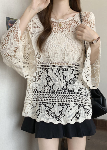 Tops Summer Out Lace Stylish Knit Beige Hollow FashionChic