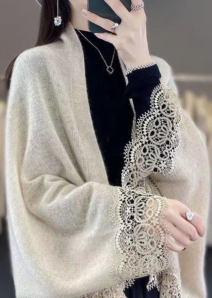 Stylish Beige Hollow Out Lace Patchwork Woolen Cardigans Fall RL011 ABC