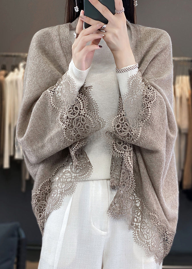 Stylish Beige Hollow Out Lace Patchwork Woolen Cardigans Fall RL011 ABC