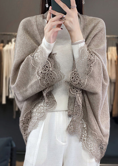 Stylish Beige Hollow Out Lace Patchwork Woolen Cardigans Fall RL011 ABC