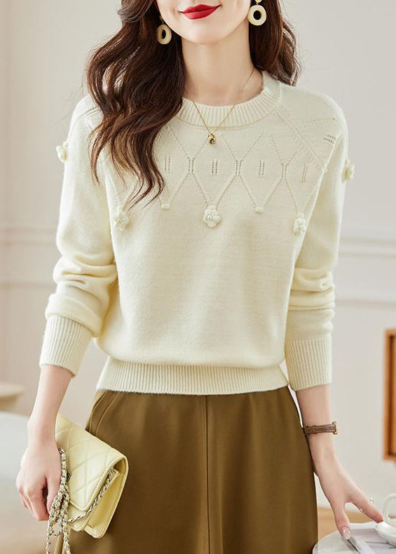 Stylish Beige O Neck Hollow Out Knit Sweater Fall QS011 OM-BB241010