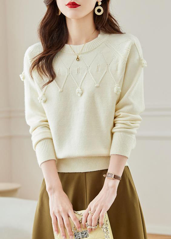 Stylish Beige O Neck Hollow Out Knit Sweater Fall QS011 OM-BB241010
