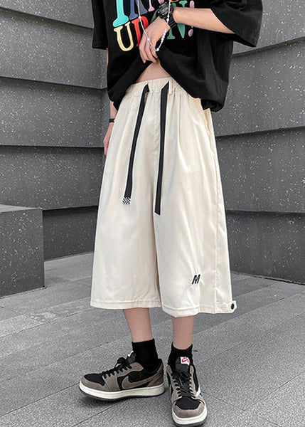 Stylish Beige Pockets Drawstring Men Crop Pants Summer YT027 Men-Silk-MENCP240721