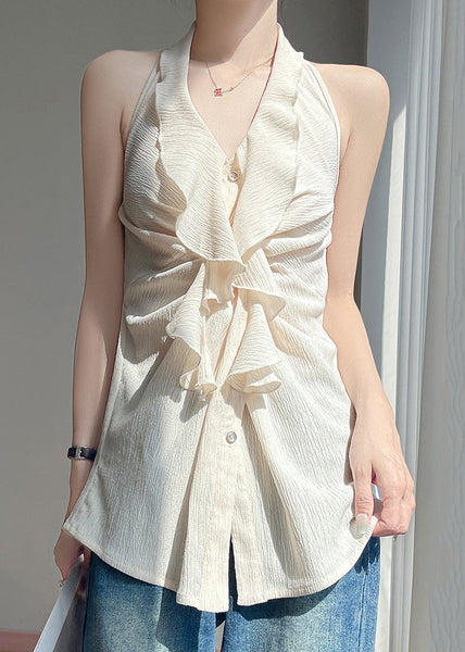 Button Sleeveless Beige Ruffled Shirts Stylish Cotton FashionChic