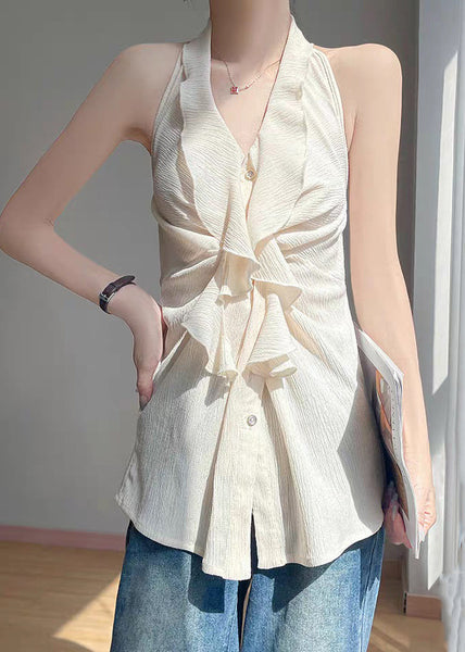 Button Sleeveless Beige Ruffled Shirts Stylish Cotton FashionChic