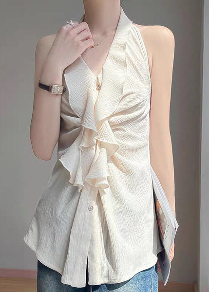 Button Sleeveless Beige Ruffled Shirts Stylish Cotton FashionChic