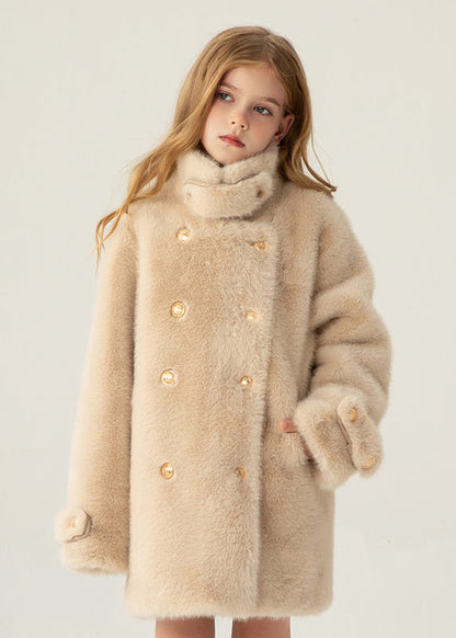 Stylish Beige Stand Collar Pockets Kids Long Mink Velvet Coats Winter WL013 MM-RCTZ-CGTS241120