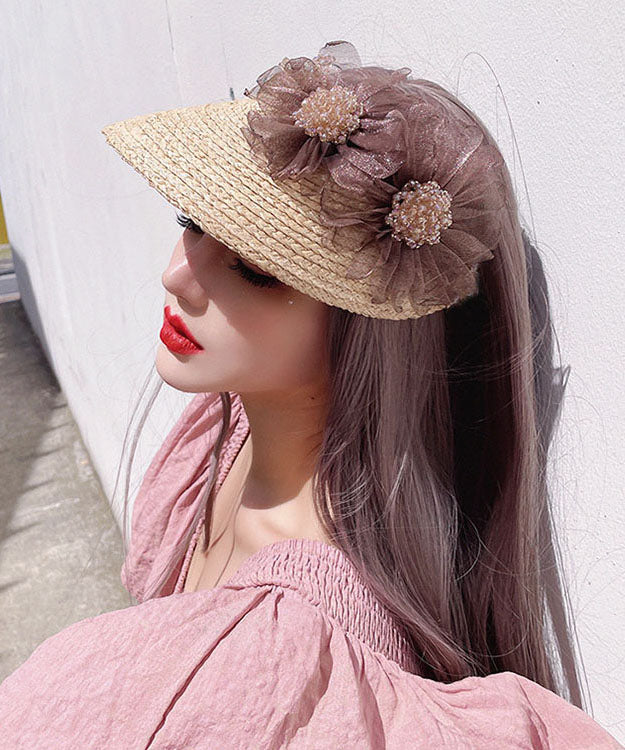 Stylish Beige Tulle Flower Empty Top Sunshade Hat Summer YU1026 Hat-HAT240528