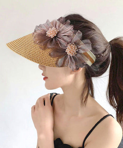 Stylish Beige Tulle Flower Empty Top Sunshade Hat Summer YU1026 Hat-HAT240528