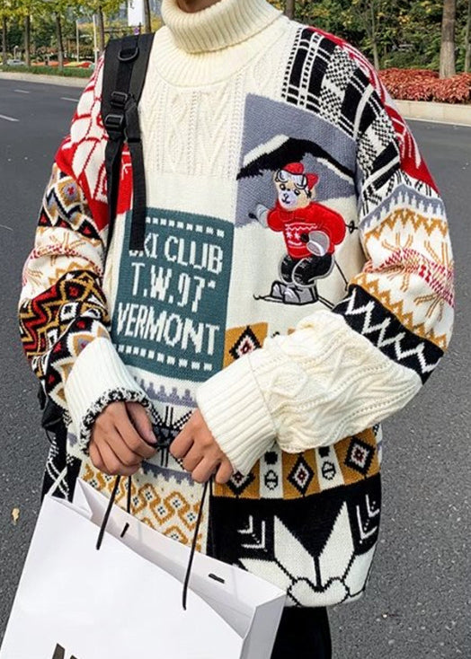 Stylish Beige Turtleneck Patchwork Warm Fleece Men Sweaters Winte RJ050 ABC