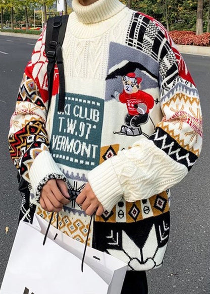 Stylish Beige Turtleneck Patchwork Warm Fleece Men Sweaters Winte RJ050 ABC