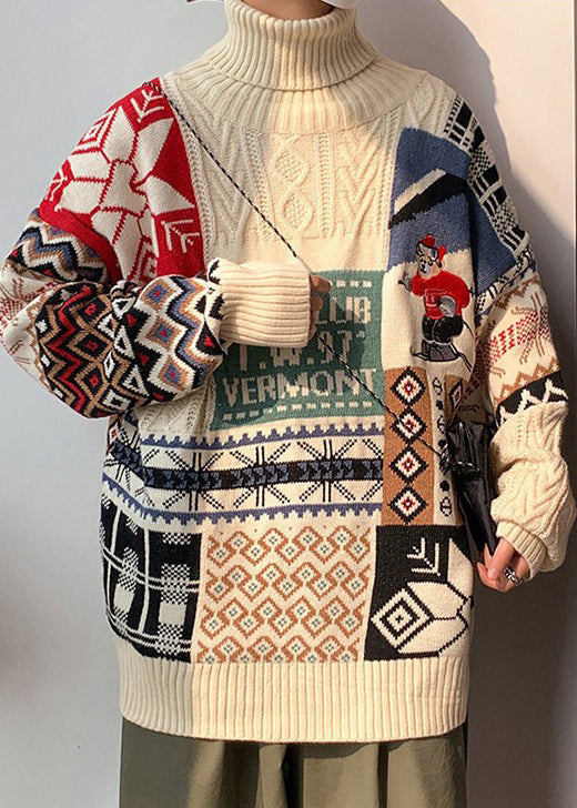 Stylish Beige Turtleneck Patchwork Warm Fleece Men Sweaters Winte RJ050 ABC