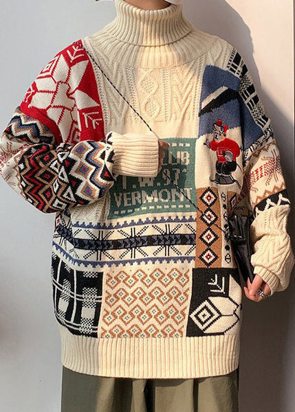 Stylish Beige Turtleneck Patchwork Warm Fleece Men Sweaters Winte RJ050 ABC
