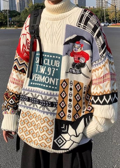 Stylish Beige Turtleneck Patchwork Warm Fleece Men Sweaters Winte RJ050 ABC