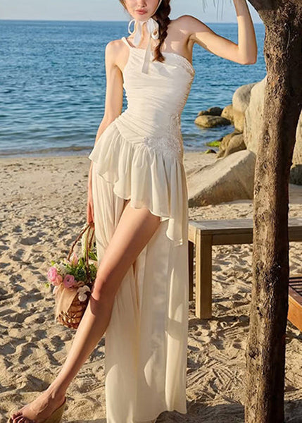 Chiffon Low Design Spaghetti High Strap Beige Stylish Wrinkled FashionChic
