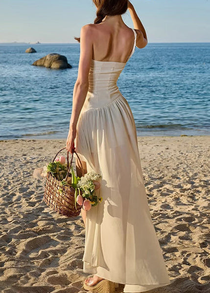 Chiffon Low Design Spaghetti High Strap Beige Stylish Wrinkled FashionChic