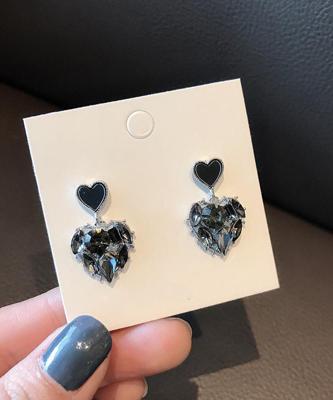Earrings Zircon Drop Black Alloy Stylish Love FashionChic