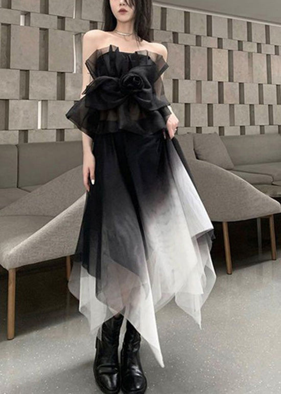 Stylish Black Asymmetrical Patchwork Tulle 2 Piece Outfit Summer XX025 SH-LF-TPIEC240611