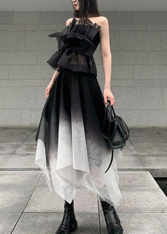 Stylish Black Asymmetrical Patchwork Tulle 2 Piece Outfit Summer XX025 SH-LF-TPIEC240611