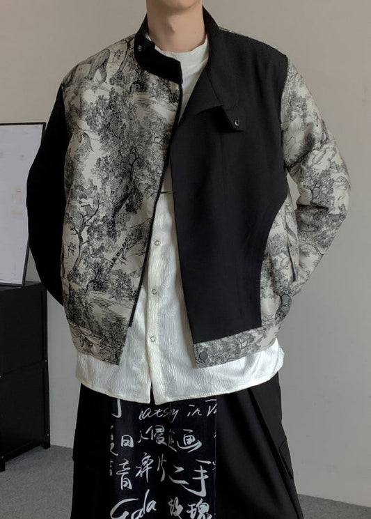 Stylish Black Asymmetrical Print Cotton Men Coat Fall RO020 ABC