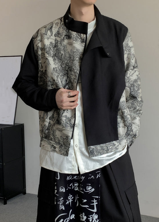 Stylish Black Asymmetrical Print Cotton Men Coat Fall RO020 ABC