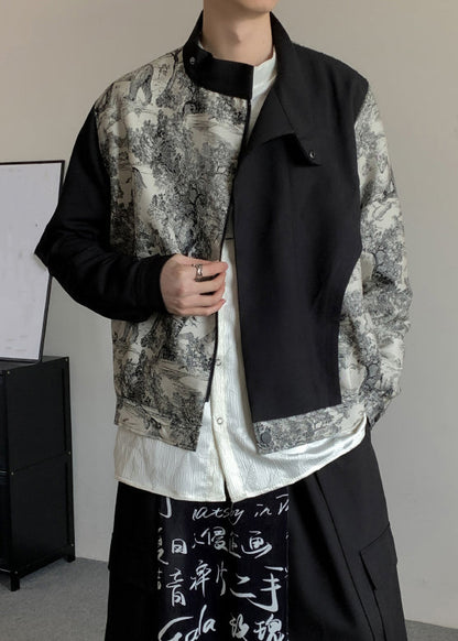Stylish Black Asymmetrical Print Cotton Men Coat Fall RO020 ABC