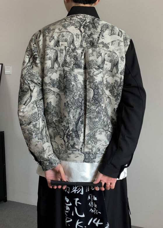 Stylish Black Asymmetrical Print Cotton Men Coat Fall RO020 ABC