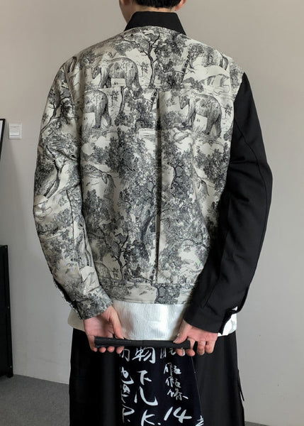 Stylish Black Asymmetrical Print Cotton Men Coat Fall RO020 ABC