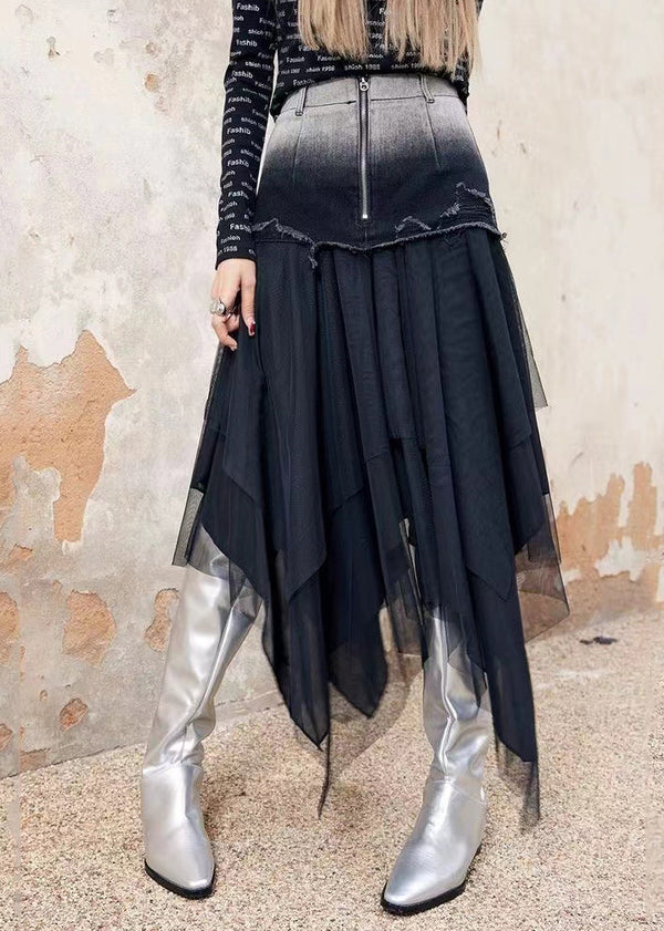Stylish Black Asymmetrical Tulle Patchwork Denim Skirt Spring QQ1058