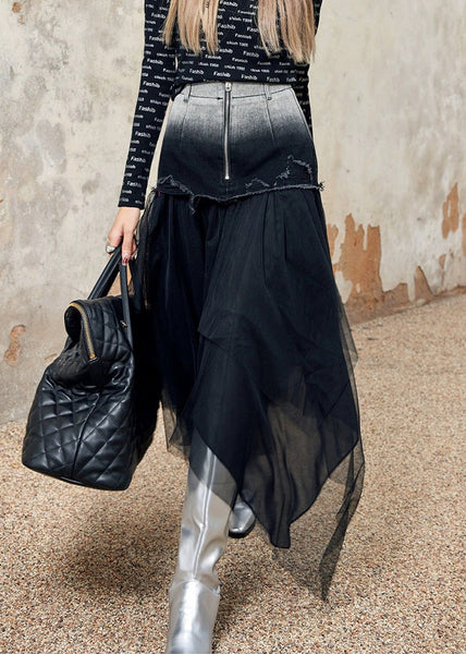 Stylish Black Asymmetrical Tulle Patchwork Denim Skirt Spring QQ1058 Ada Fashion