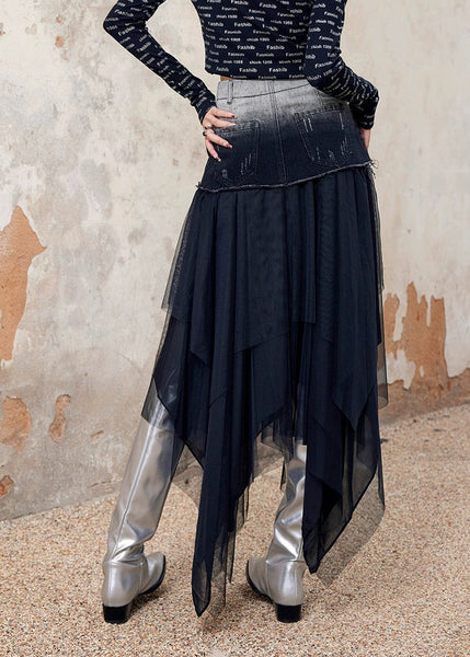 Stylish Black Asymmetrical Tulle Patchwork Denim Skirt Spring QQ1058 Ada Fashion