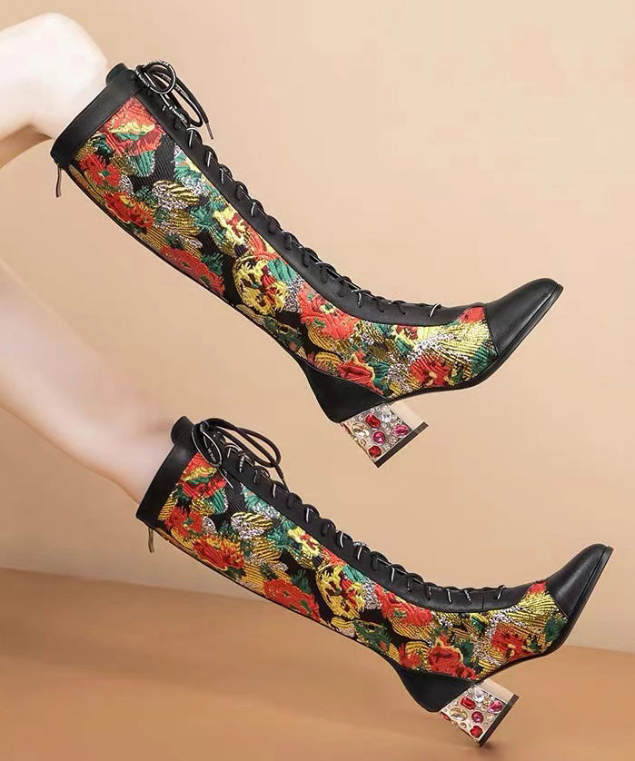 Stylish Black Boots Lace Up Print Genuine Leather Chunky Boots RT1068 Ada Fashion