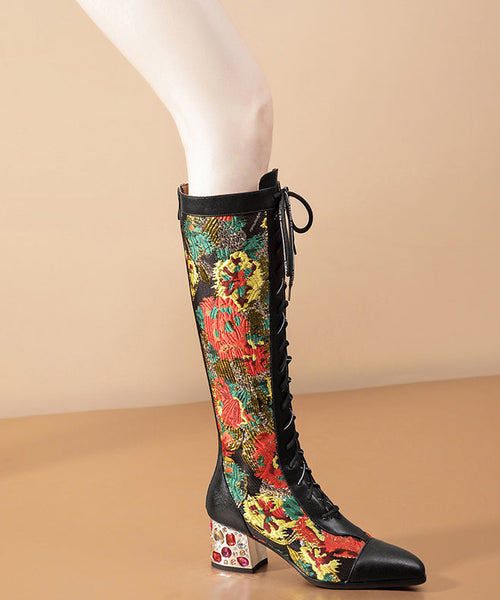 Stylish Black Boots Lace Up Print Genuine Leather Chunky Boots RT1068 Ada Fashion